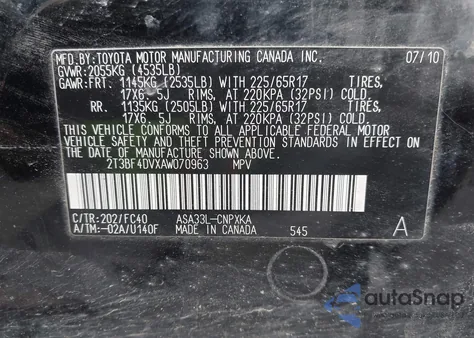 2010 Toyota Rav4 from USA, damaged, VIN 2T3BF4DVXAW070963